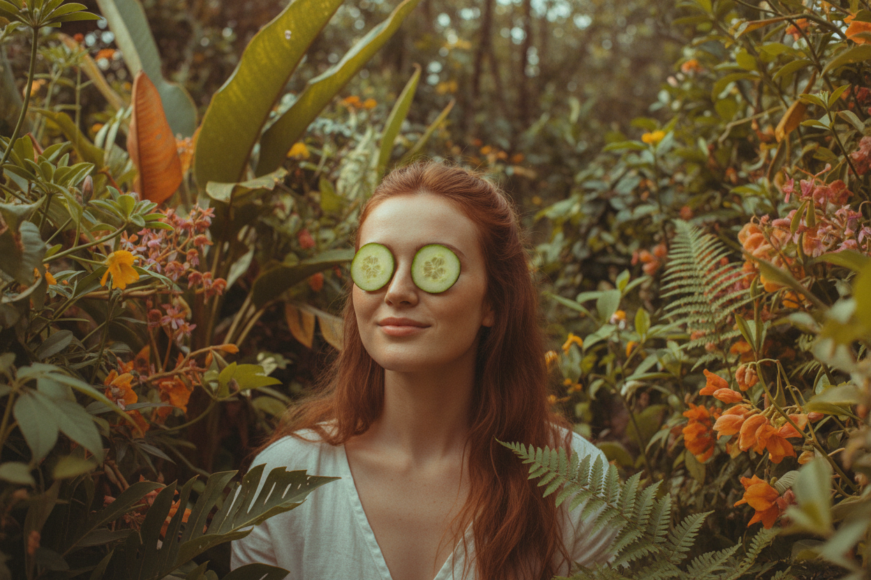 una chica con dos rodajas de pepinos en los ojos con la piel linda en medio de la naturaleza pero una imagen que no sea generica sino una imagen mas retro 
