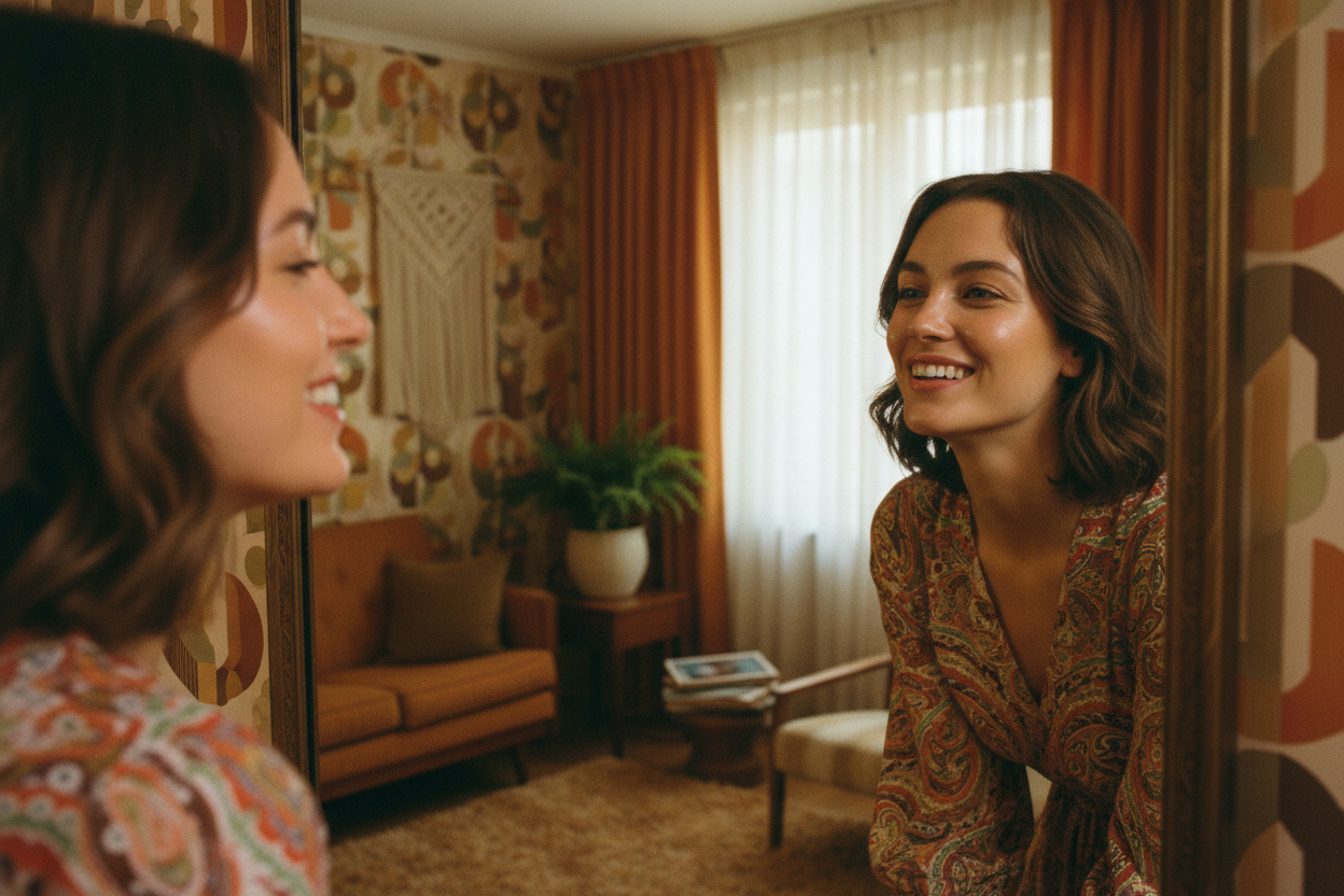 una chica mirandose al espejo sonriendo con la piel linda como si se acabare de poner una crema hidratante pero una imagen que no sea generica sino mas retro