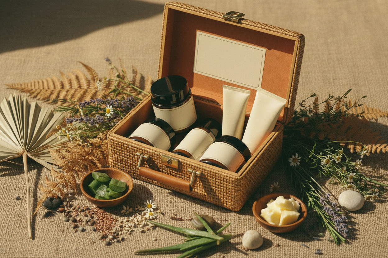 una imagen con un estuche de cosmeticos como cremas hidratantes bloqueador etc con cosas de la naturaleza alrededor pero una imagen retro no generica 